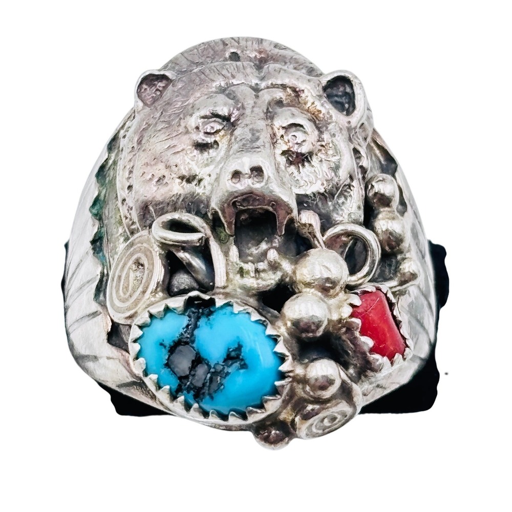 Running Bear RB Sterling Silver Turquoise Coral Grizzly Bear Ring Size 9.75